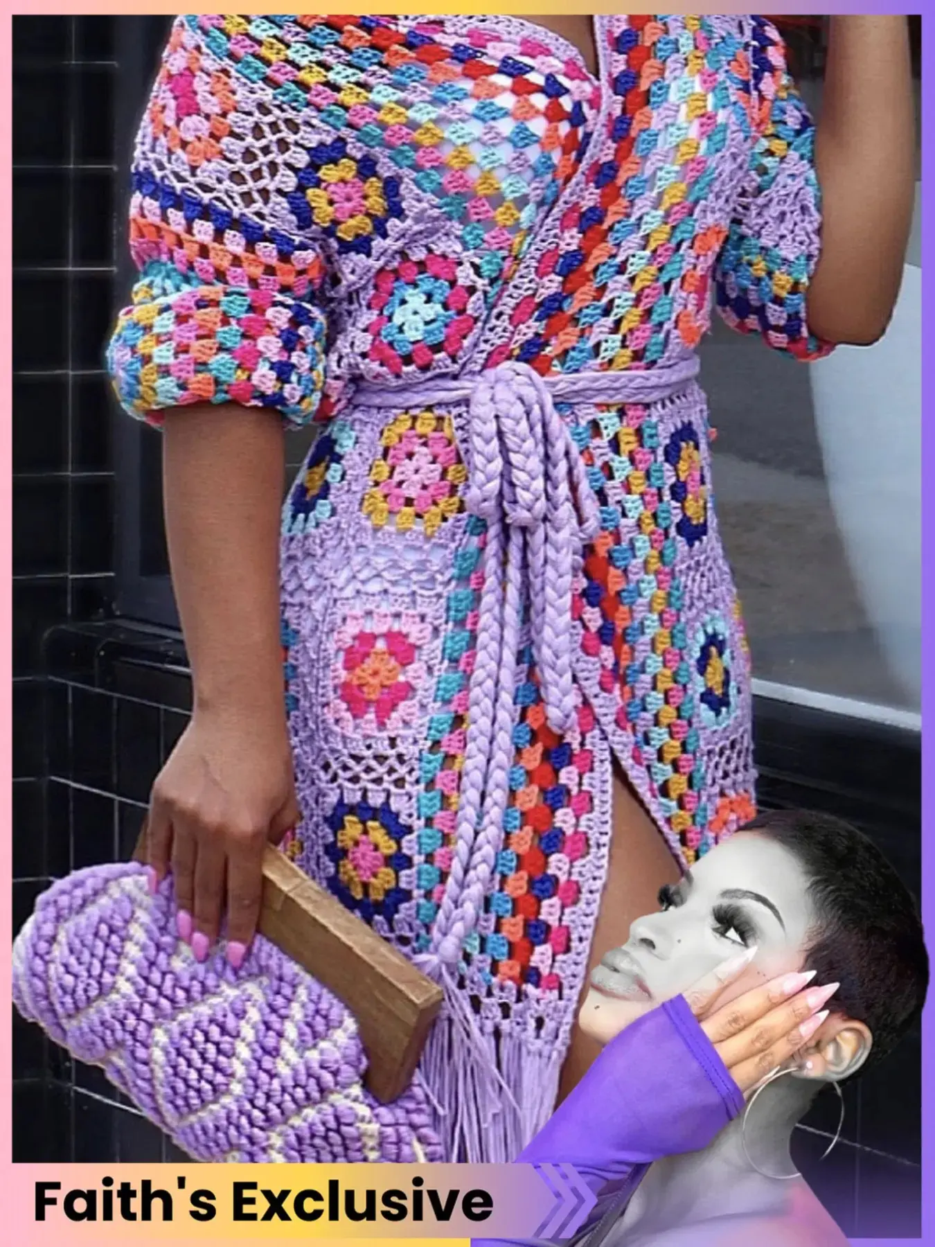 [Faith Exclusive]Women's Bohemian Style Colorful Aesthetic Crochet Hollow Out Knitwear Cardigan Long Sleeve, Light Fringe Belted Vacation Beach Cover-Up Lightweight Casual Jacket