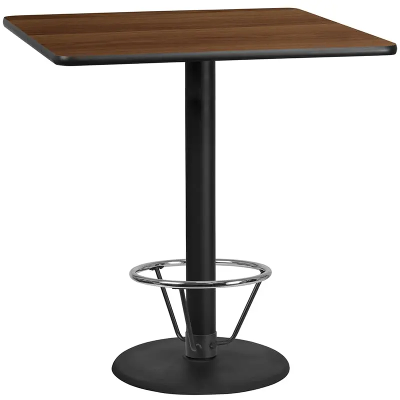 Flash Furniture XU-WALTB-4242-TR24B-4CFR-GG 42 in. Square Walnut Laminate Table Top with 24 in. Round Bar Height Table Base & Foot Ring