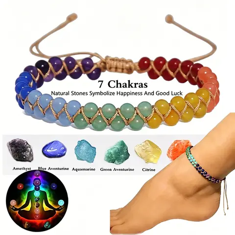 Boho 7 Chakra Crystal Anklet, Chakra Healing Crystals, Healing Crystal Anklet for Chakra Balancing & Energy Alignment, Adjustable Braided Beaded Ankle Bracelet, Ideal for Yoga, Meditation & Wellness, Ideal Gift for Women & Yoga Lovers
