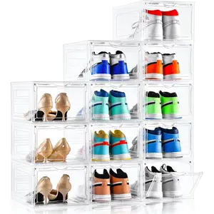 Upgraded X-Large Shoe Organizer,Shoe Storage Organizer,12 Pack,Shoe Box Clear Plastic Stackable,Drop Front Shoe Box with Clear Door, Shoe Containers For Sneaker Display,Fit up to  Size12