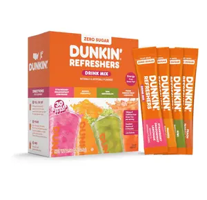 Dunkin’ Zero Sugar Refreshers Singles To Go! Powdered Drink Mix, 30 Ct Variety Pack, Energy from Green Tea, Aspartame-Free, Just Add Water