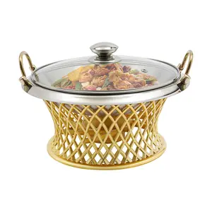 Round Chafing Dishes Buffet Set 2QT Chafing Dishes for Buffet Stainless Steel Catering Food Warmerswith Glass Lid and Holder Weddings, Events, Parties, Banquet Bakeware Gold