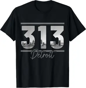 100%cotton Detroit 313 Area Code Skyline Michigan Vintage T-Shirt