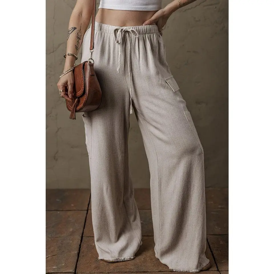 Beige Boho Linen Drawstring Waist Raw Edge Cargo Loose Pants