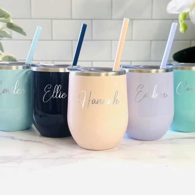 Personalized Laser Engraved 12oz Wine Tumbler with Straw, Bridesmaid Gift, Wedding Party Gift, Bachelorette Wine Tumbler, Girls Trip Wine Stainless Steel