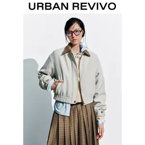 URBAN REVIVO Women's Long-Sleeve Contrast Collar Padded Bomber Jacket Piece, Fashion Chic Clothes, Outerwear for Elegance-Focused Outfits