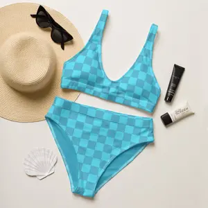70s Groovy Turquoise Checkered Bikini Set | Retro Hippie Crop Top Bikini | Vintage High Waisted Swim Suit | Checker Bikini Swim Suit
