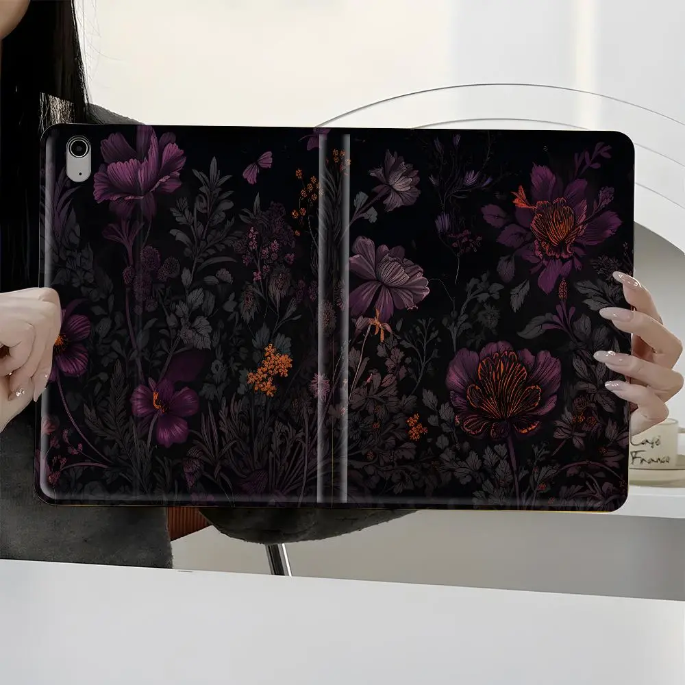 Gothic Dark Floral Flower iPad Case Cover Tablet Casing Purple Botanical Art Design iPad Book-Style Case Accessories, Tablet Covers for iPad Pro 2022 2021, Full Protection and Pen Slot for Office and School Use, Perfect Gift for Family and Friends