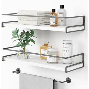 White Floating Shelves for Bathroom Organizer Over Toilet, Wall Mounted Bathroom Shelves with Towel Rack, Corner Wall Shelf for Bedroom Decor Kitchen Storage (White-Dark Grey, Set of 2)