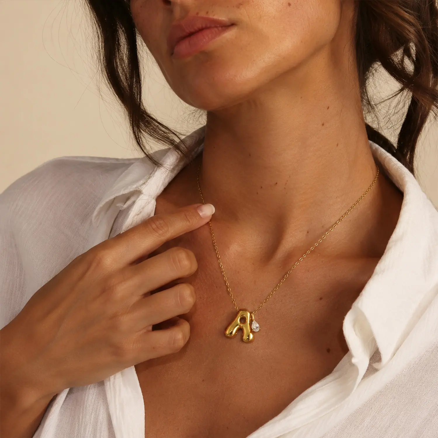 3D Bubble Letter Necklace with White Teardrop Diamonds Stainless steel Waterproof Pendant Christmas Gifts for Women