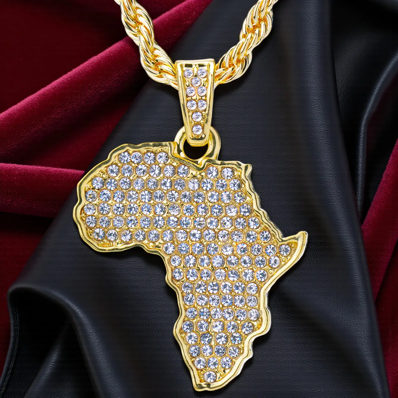 MaxBling81 Unisex Iced Africa Map Pendant Necklace - Cubic Zirconia, Gold-Silver Metal Coating, 4mm Rope Chain (18in,20in,24in), African Style, Chain Accents, Hip Hop Costume Jewelry, Adult Fashion Accessory, Gold Aesthetic, 18 Inch, Adults