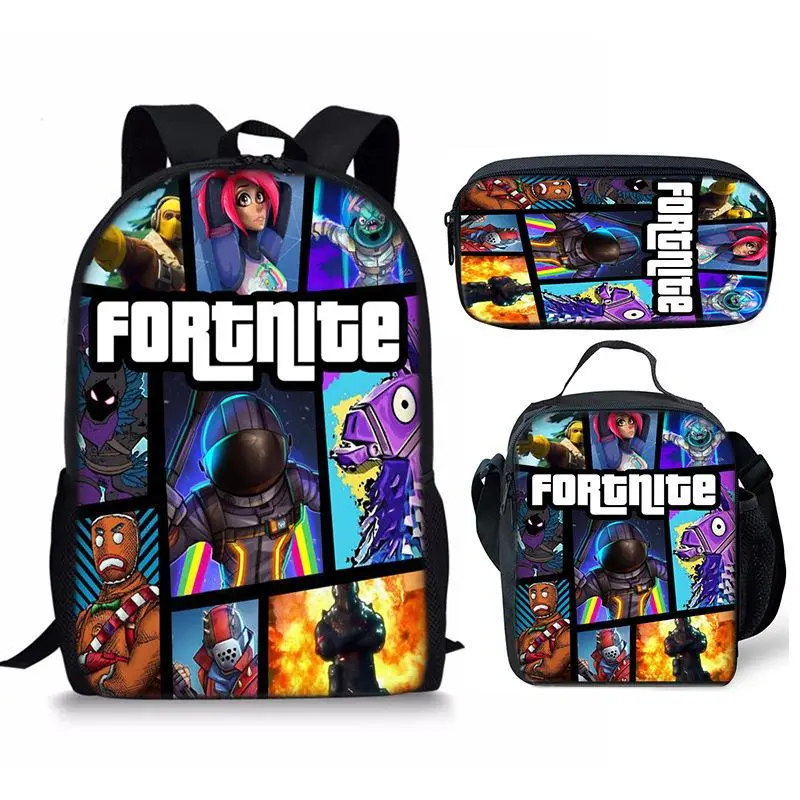 3 Piece Fortnite Game Character Collage Full Print Laptop Backpack Set Boys Gaming School Bag Insulated Lunch Bag Pencil Case