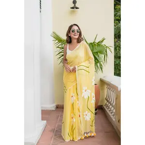 Yellow Hand Painted Mulmul Cotton Saree