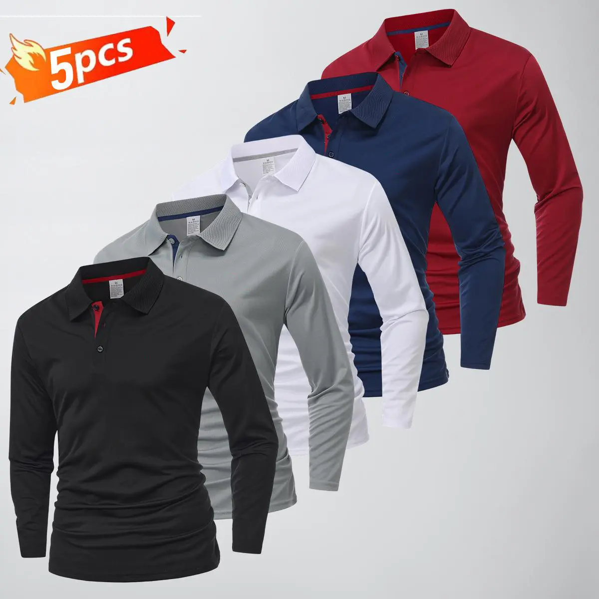 Men’s 5PCS Classic Polo Shirts - Contrast Collar Long Sleeve, Casual Plain Solid Color, Fashion Print, Stretchable Quick-Dry Athletic Menswear Activewear Sportswear for Golf, Outdoor Work Tops, Longsleeves