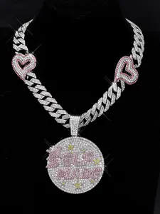 1set Charm Hip Hop Iced Out Shiny Letter Self Made Round Medal Pendant Necklace Splicing Love Heart Shape for Men and Women Punk Fashion Necklace Cuban Link Chain Hip Hop Jewelry Fashion Modern Accessories