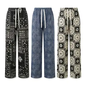 3 Pack Women's Vintage Wide Leg Pants, High Waist Drawstring Comfy Lounge Pants, Retro Bandana Floral Geometric Print Casual Flowy Trousers, Soft Breathable Loose Fit Summer Pants for Women Daily Wear Beach Vacation Home
