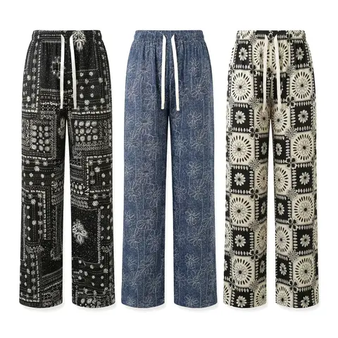 Women's 3-Pack Mixed Prints Vintage High Waist Adjustable Wide-Leg Pants - Drawstring Loose-Fitting Comfy Baggy Trousers, Retro Bandana Floral Geometric Print, Soft Breathable Bottoms for Daily Wear, Beach Vacation