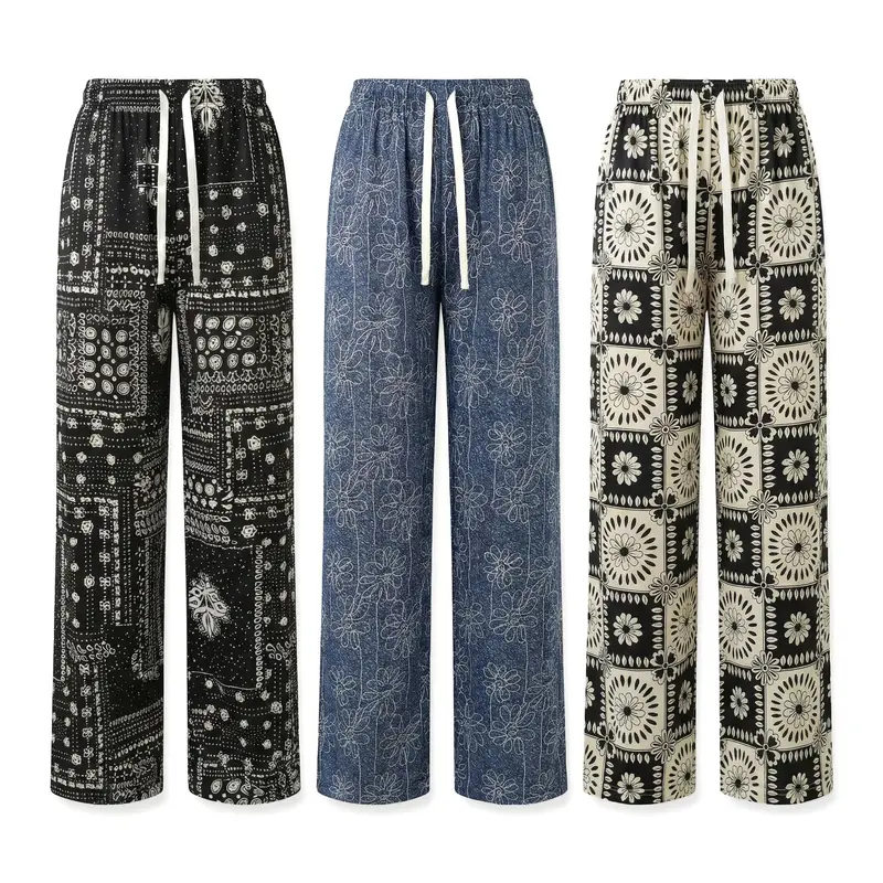 Women's 3-Pack Mixed Prints Vintage High Waist Adjustable Wide-Leg Pants - Drawstring Loose-Fitting Comfy Baggy Trousers, Retro Bandana Floral Geometric Print, Soft Breathable Bottoms for Daily Wear, Beach Vacation