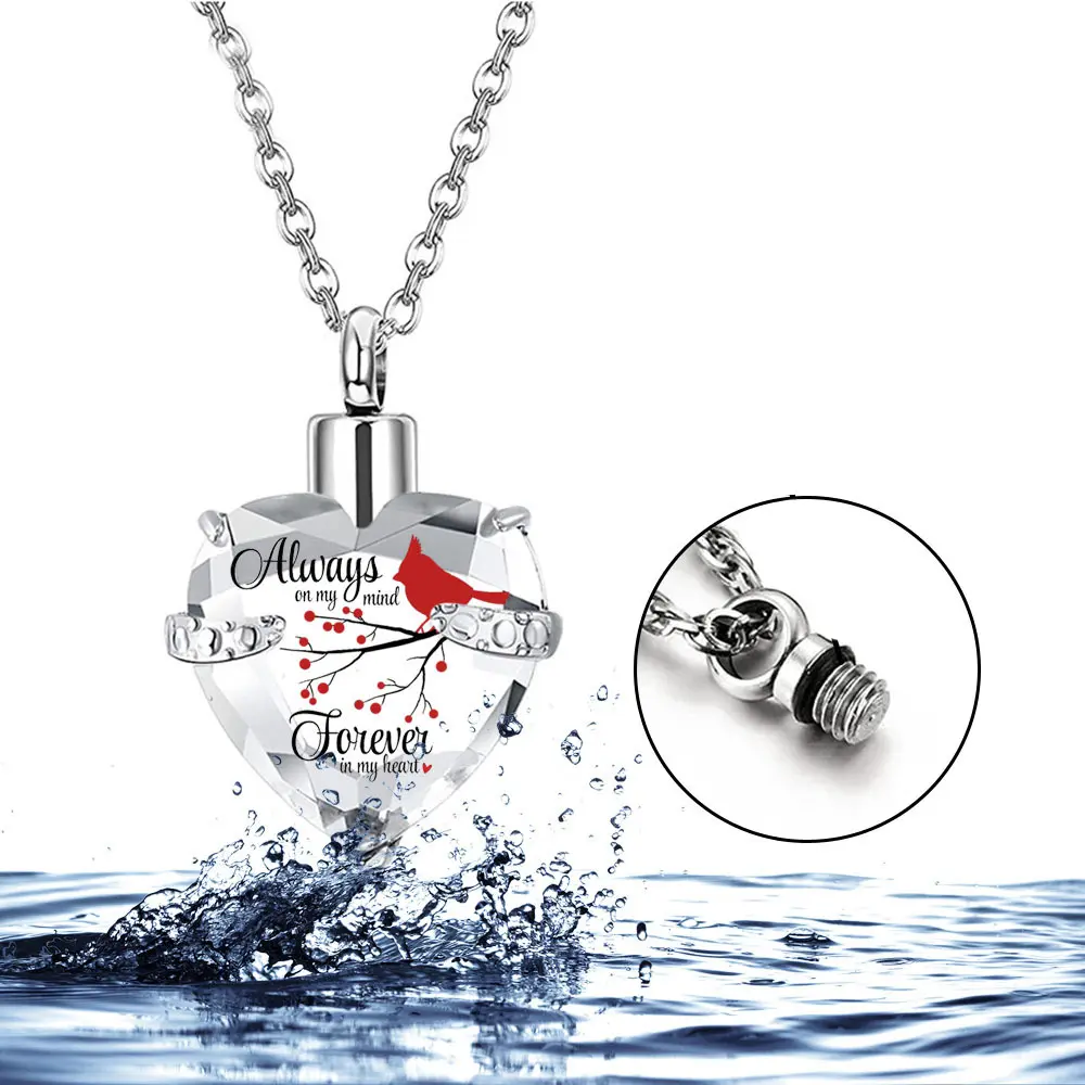 1pc Red Bird Engraved Urn Pendant Necklace for Ashes - Commemorative Jewelry with "Man Will Always Be in My Heart" Message, Custom Letters Necklace