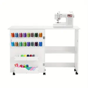 Folding Sewing Table, Portable Craft Station with Storage Shelf, Caster Wheels, 16 Pegs, Magnetic Door
