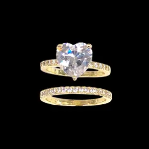 14k Gold Plated Double Band Heart Shaped Ring 2pcs Set Women Jewelry