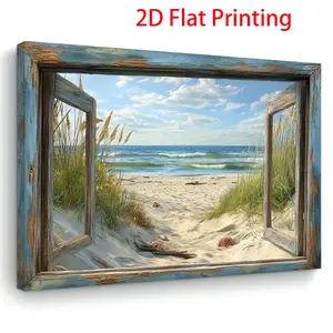 [Wooden Framed Canvas Painting] 2D Flat, 2D Flat Printing1pcs Wooden Framed Canvas Painting, Scenic Beach View Through Rustic Window, Ready to Hang Wall Art Prints for Living Room & Bedroom & Kitchen, Home Decoration, Perfect Gift for Her Him, 11.8*1