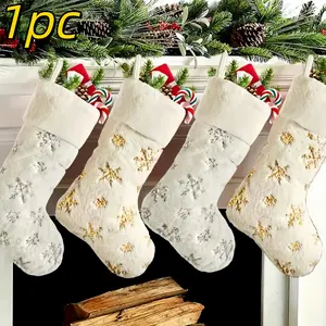 Classic Style Christmas Stocking, Faux Leather Design with Decorative Snowflakes, Perfect for Fireplace Hanging Decoration