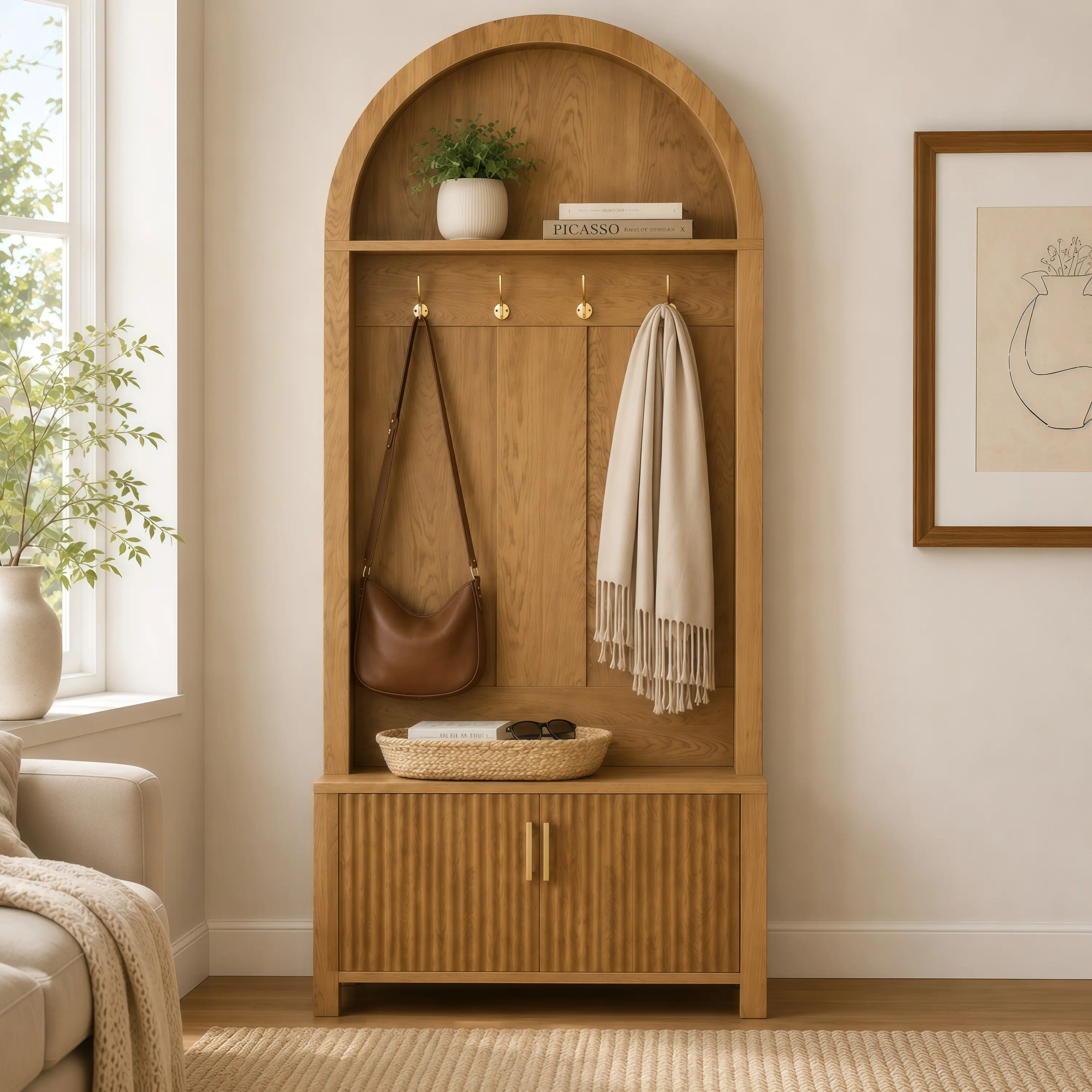 Arched Top Hall Tree with Bench and Shoe Storage,mudroom bench with storage,70.3"Arch Coat Rack with 4 Metal Hooks and 2 Fluted Doors,Farmhouse Style Furniture Organizer for Mudroom, Entryway, Hallway
