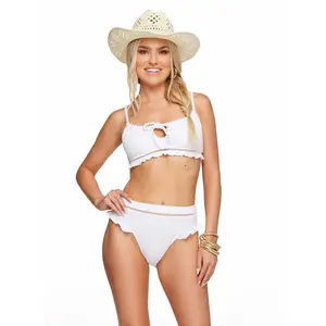 Stripe Crochet Ruffle Bikini Top in White