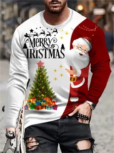 Single Men's Christmas Print Long Sleeve T-Shirt, Simple and Versatile, Suitable for Spring, Summer, Autumn, Winter, Seasonal Fashion, Holiday Clothing, Crew Neck, Christmas Gift, New Year Gift, Valentine's Day Gift, Best Choice for Father and Friends
