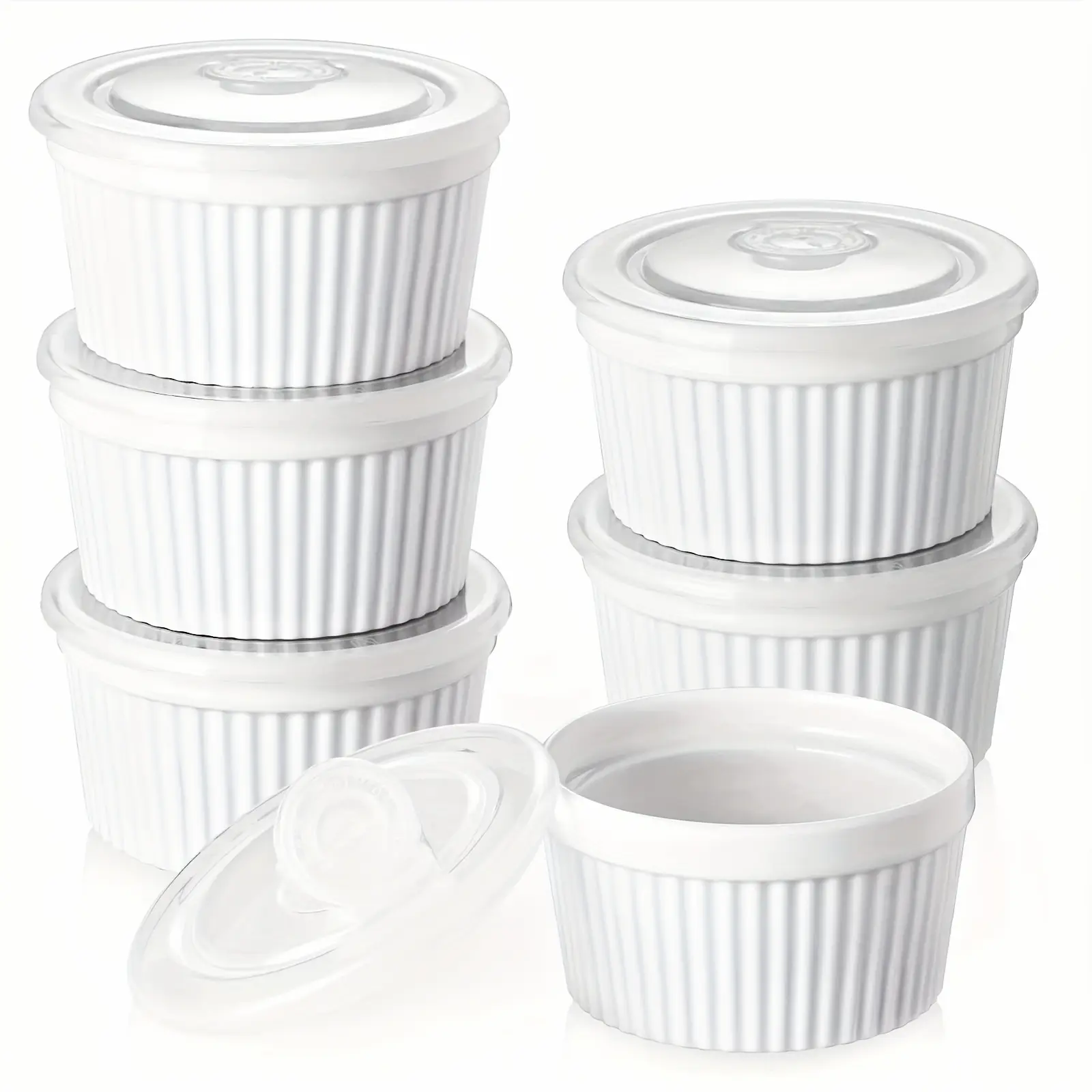 6pcs, Souffle Baking Bowls with Lids, Baking Bowls for Baking, 8oz Creme Brulee Baking Bowls, Porcelain Souffle Baking Bowls, Custard Cups for Baking, Small Bowls for Pudding, Dip Sauces, Charcuterie And Desserts. Bakeware. Kitchenware, White