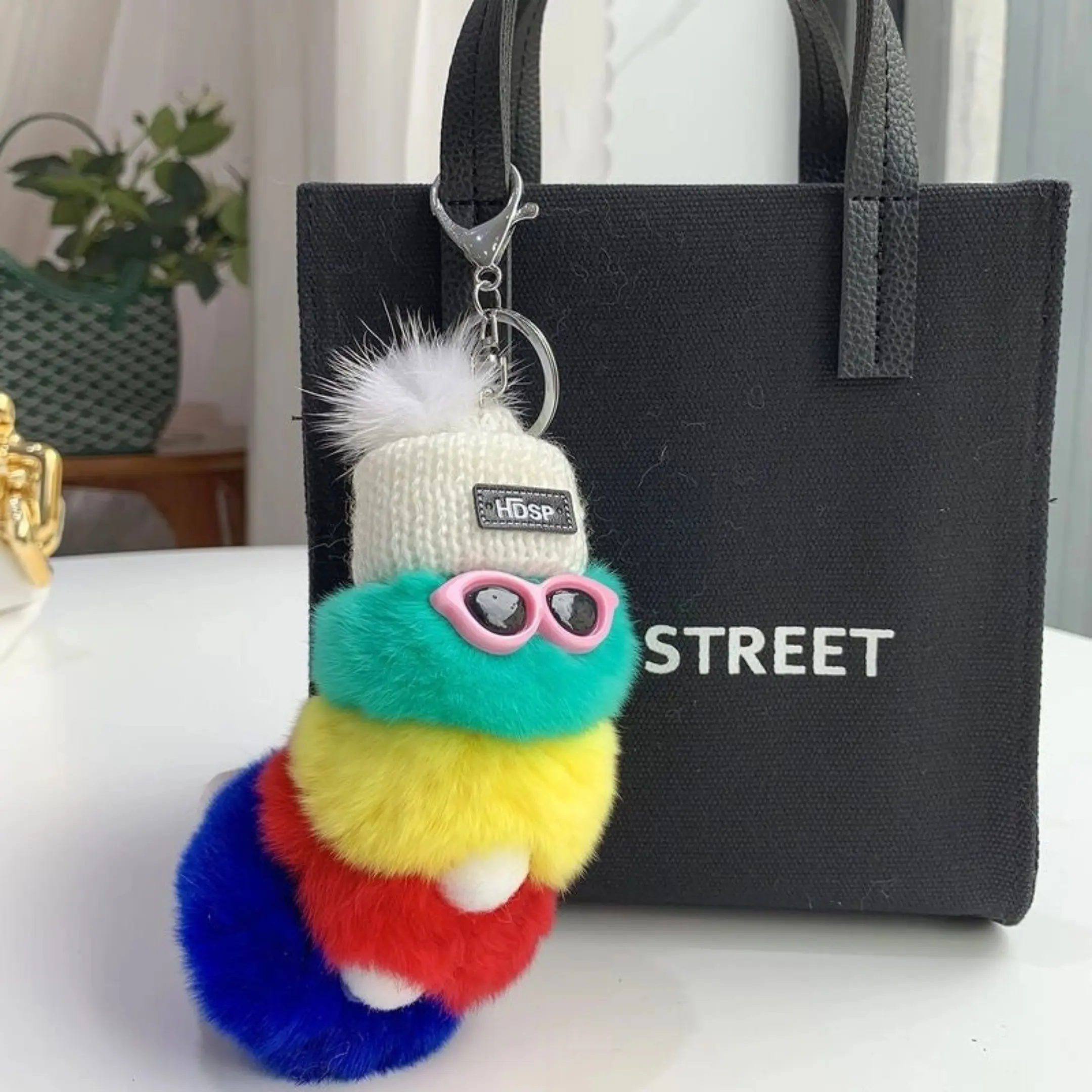 Cute Cartoon Baby Caterpillar Plush Keychain with Beanie, Shades & Pompom - Bag Pendant Keychain, Lightweight Mini Key Holder, Stress Relief Toy, Collectible Gift for Kids (Assorted Colors)