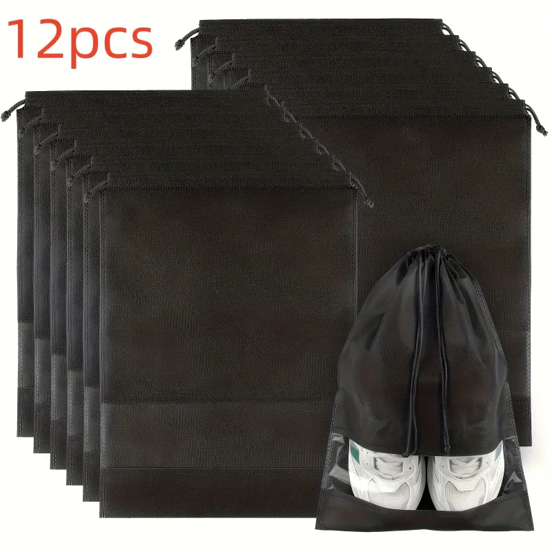 12 PCS large black travel shoe bag with drawstring design, durable, foldable, reusable non-woven fabric storage bag, unisex shoe organizing bag