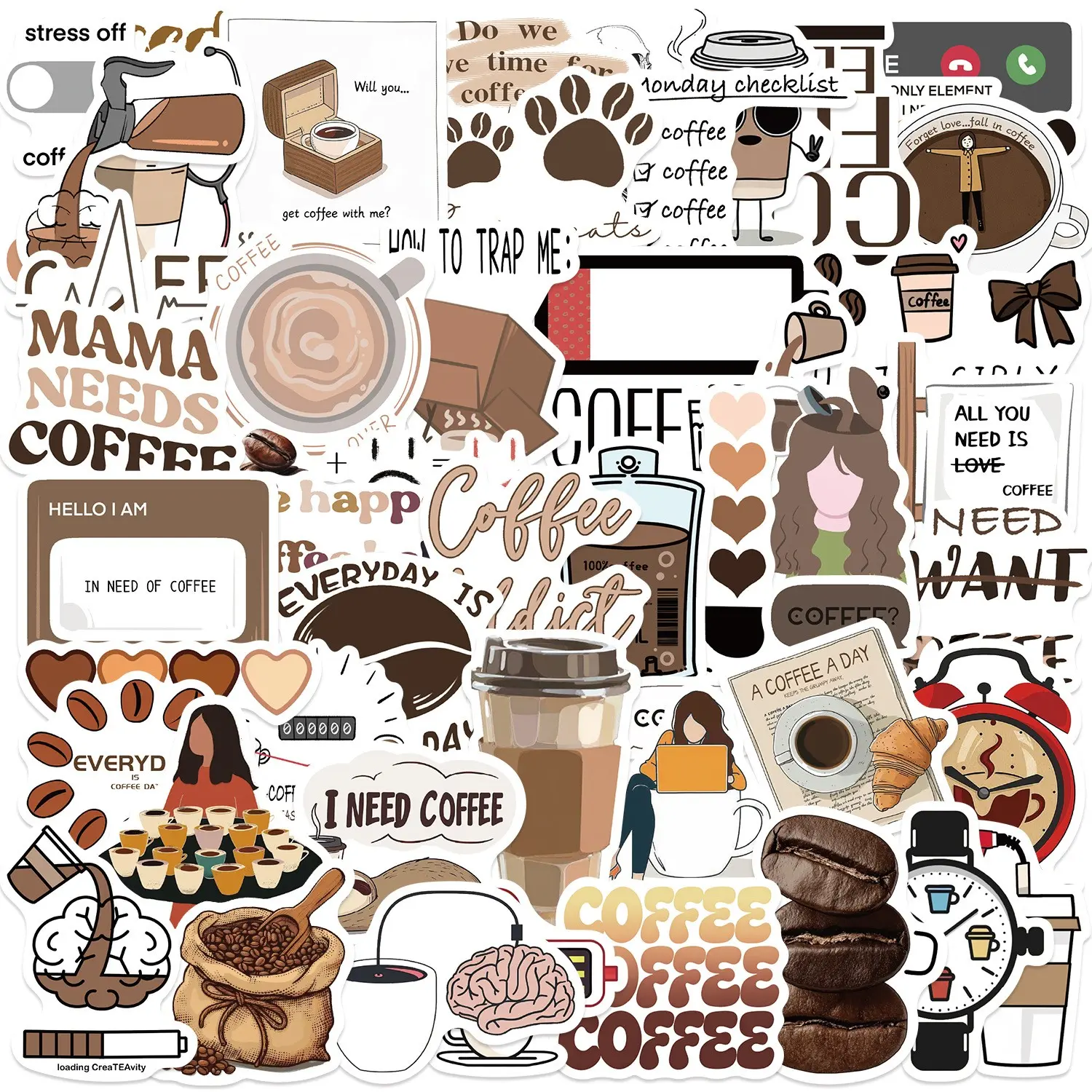 50 Sheets Style Coffee Lover Graffiti Stickers, Decorative Stickers, Waterproof Creative Cup Desk Decor, Printed Stickers for Unique Aesthetic, PVC Waterproof Stickers