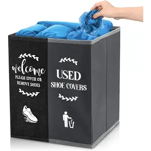 Shoe Cover Box Dispenser Foldable Storage Bin Holder with Used Shoe Covers and Welcome Please or Remove Sign for Open House Supplies Black Gray