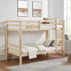 Twin Over Twin Wooden Bunk Bed | Thick Solid Posts | High Safety Guardrail | Built-in Ladder | No Box Spring Needed | Natural | For Kids Teens Dorm