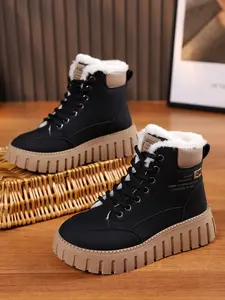 Women's Winter Fleece Lined Thick Sole Cotton Shoes, Casual Warm Sporty Sneakers for Autumn & Winter Seasons