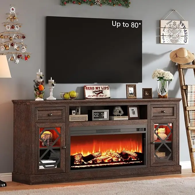AMERLIFE Farmhouse 70" Fireplace TV Stand with 37" Fireplace, Large LED Media Entertainment Center for 80" TVs, 31" Tall Highboy TV Console Cabinet with Diamond Door for Living Room