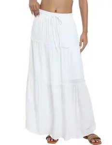 Women's White Flared A-Line Maxi Skirt - Cute Adjustable Elastic Waist, Minimalist Soft Comfy Lightweight Fabric, Summer Boho Beach Casual Skirt Pairable with Tops