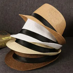 Fashion Beach Sun Cap Summer Wide Brim Straw Panama Cap Casual Jazz Dress Hat Cowboy Fedora Hat Gangster Cap Unisex