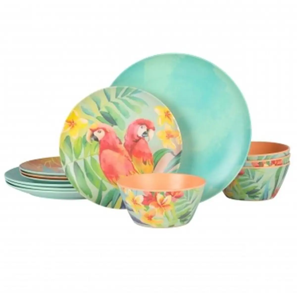 Laurie Gates 136568.12 Tropical Parrots Melamine Dinnerware Set, Assorted Design - 12 Piece