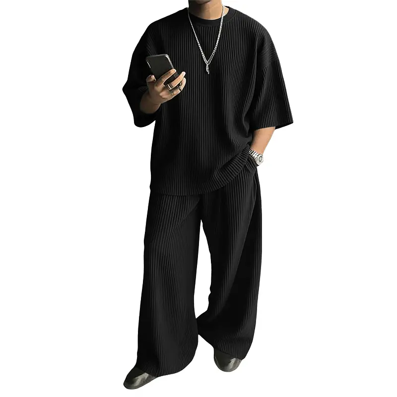 INCERUN Mens 2-Piece Casual Menswear Set, Round Neck 3/4 Sleeve Basic T-Shirt Tops & Elastic Waist Long Pants Trousers, Simple Polyester Clothes for Summer Loose Plain Outfits, Quarter, Fabric