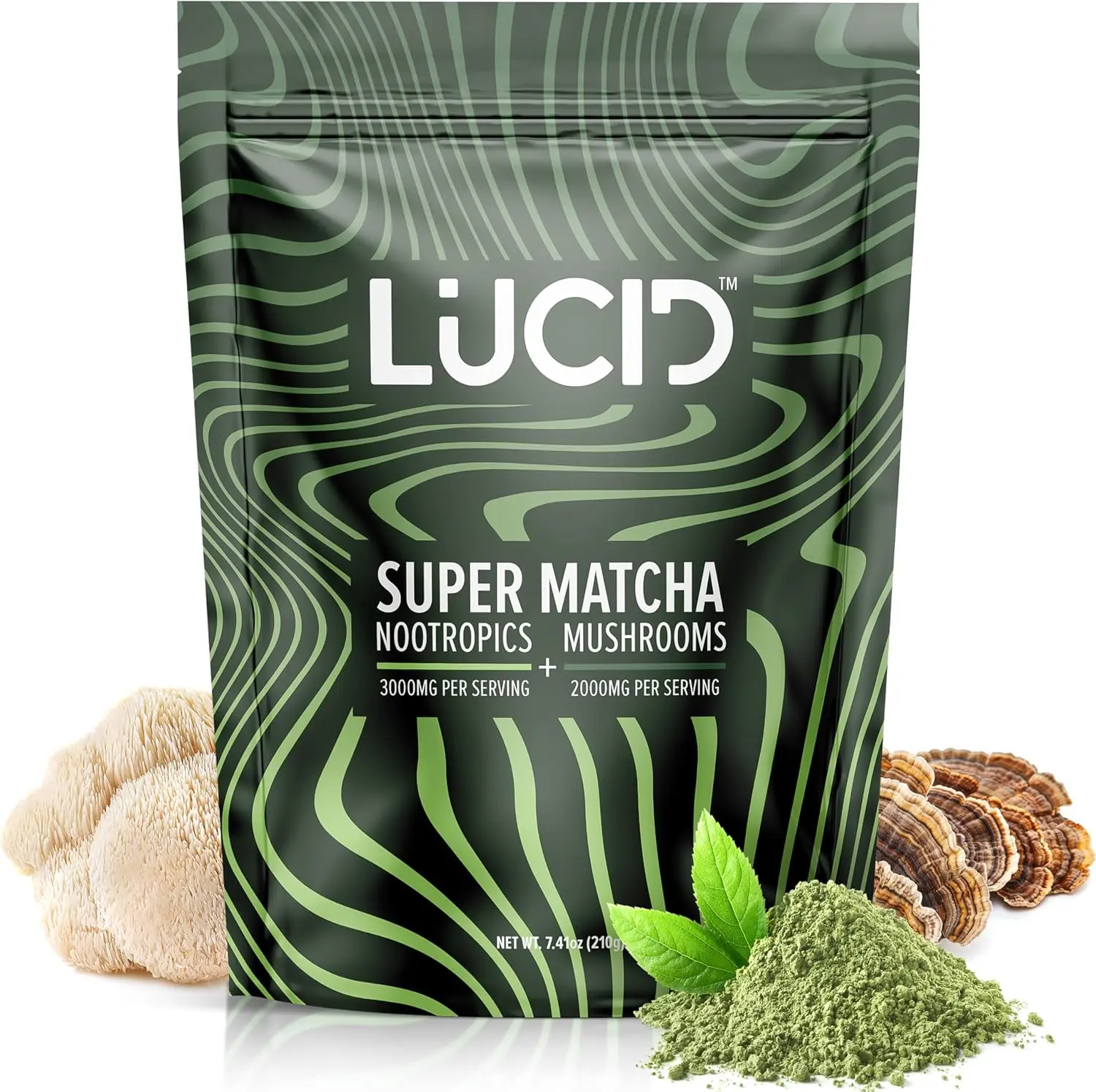 Lucid Superfood Organic Mushroom Matcha with Nootropics - Lion's Mane, Tremella, Cordyceps & Turkey Tail - Instant Mushroom Matcha Focus Brain Health - Alpha GPC, L-Theanine, Ginko Biloba - USA Made Healthcare Dietary
