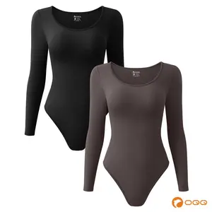 OQQ-Nine cents Women's 2 Piece Bodysuits Sexy Ribbed One Piece Long Sleeve Crew Neck Tops Bodysuits Soft Stretchy Womenswear Underwear