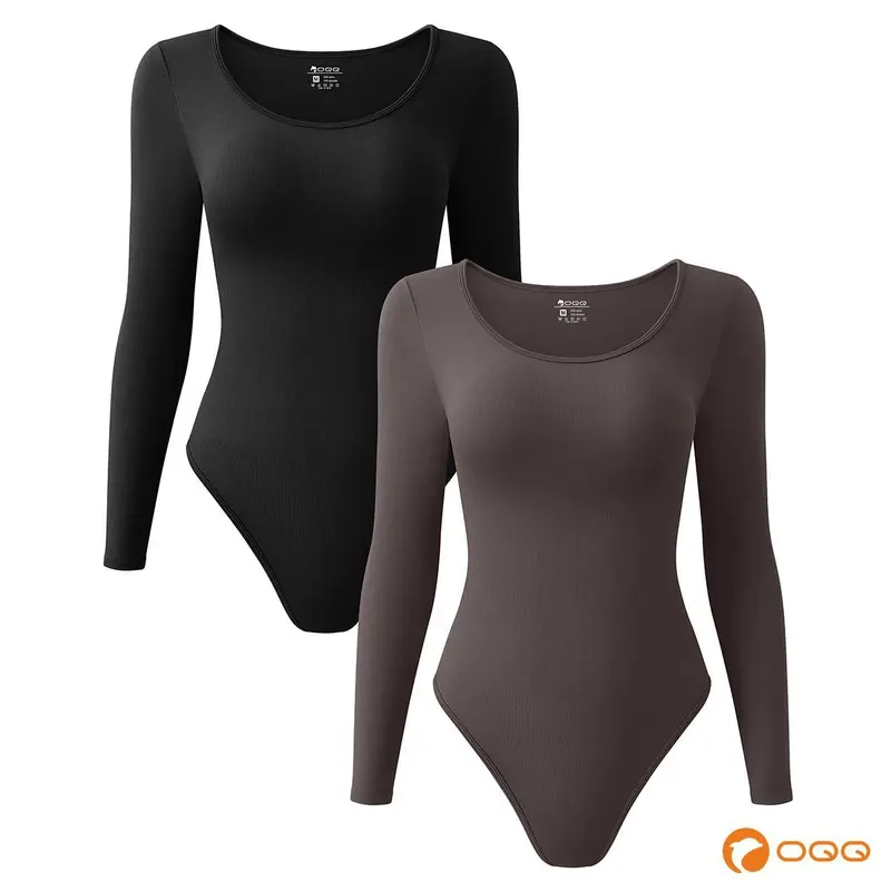 OQQ-Nine cents Women's 2 Piece Bodysuits Sexy Ribbed One Piece Long Sleeve Crew Neck Tops Bodysuits Soft Stretchy Womenswear Underwear