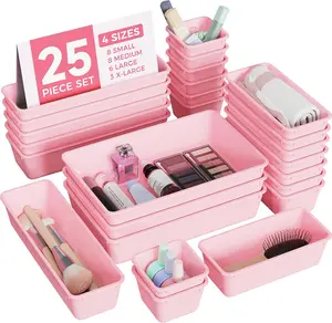 Biuleon 25 PCS Plastic Drawer Organizers Set, 4-Sizes Vanity and Makeup Organizer, Desk and Bathroom Drawer Organizer Trays, Organizers and Storage for Makeup, Jewelry, Gadgets, Utensils (Pink) BiuLeon