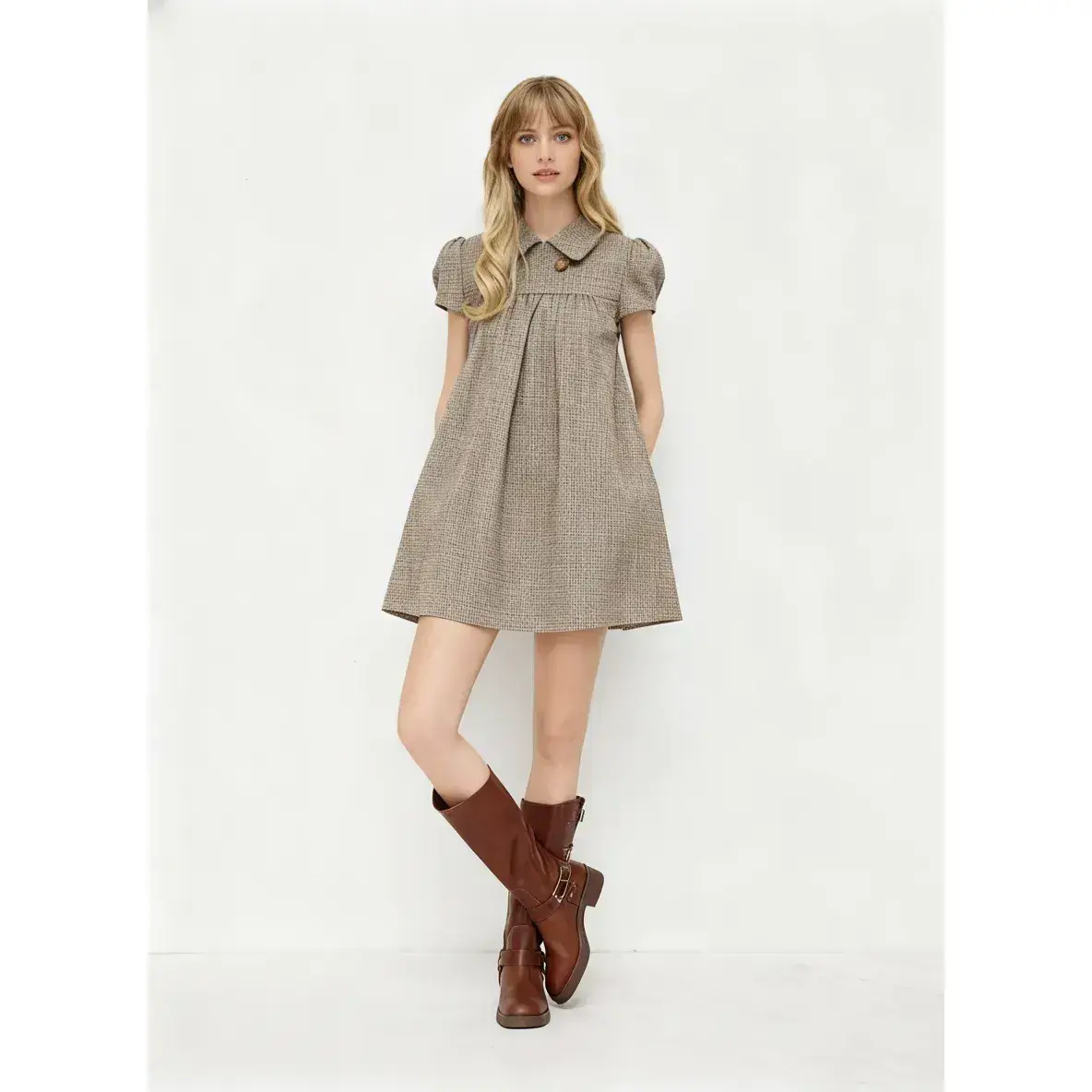 Houndstooth Peter Pan Collar Mini Dress  Button Front with Classic Chic  Style - TikTok Shop