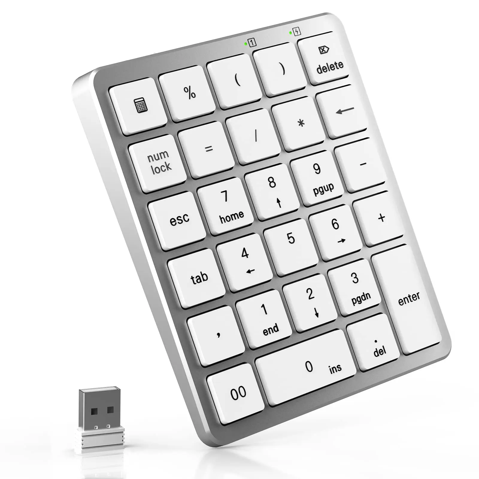 SummerVibes Wireless Numeric Keypad, USB-C Rechargeable 28-Keys Device with 2.4G Mini USB Receiver, 15° Tilt Design, 33ft Working Range, Batteries, Delete/Esc Keys, Portable for Financial Accounting (Laptop, PC, Surface Pro) - Silver, Calculator Key