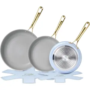 Ceramic Frying Pan with Stainless Steel handle 5 count Set, Non Stick Grill Pan Set, Dishwasher and Oven Safe, Light Blue and Granite Grey