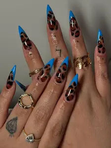 Blue French Tip Leopard Press On Nails, Blue Leopard Print Fake Nails, Fierce Press On Nails, Handmade Nail Set, Stiletto Leopard Press Ons